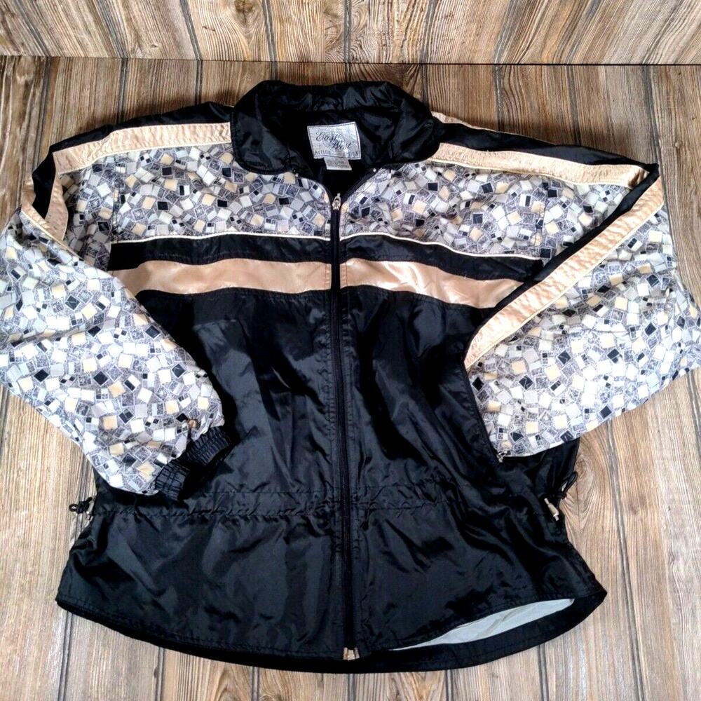 East West Vintage Action‎ Design Windbreaker Jacket Black Gold Silver Size Large